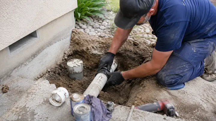 Plumber completing a localized residential sewer pipe repair beside a house foundation