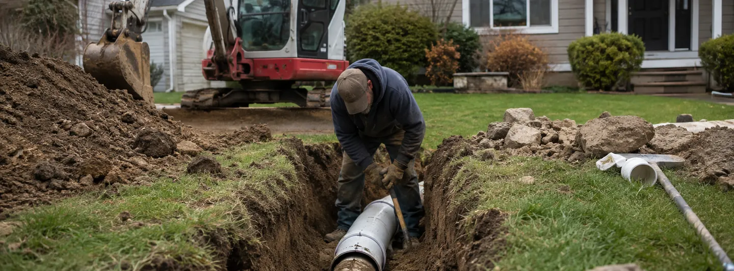 Contractor replacing a residential sewer line in an open trench with excavation equipment nearby