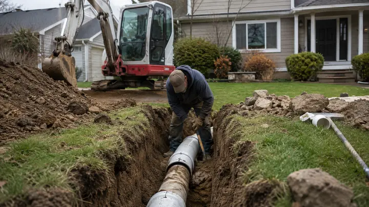 Contractor replacing a residential sewer line in an open trench with excavation equipment nearby