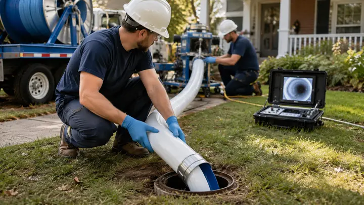 Pipe lining technicians feeding a flexible CIPP liner into a residential sewer access point