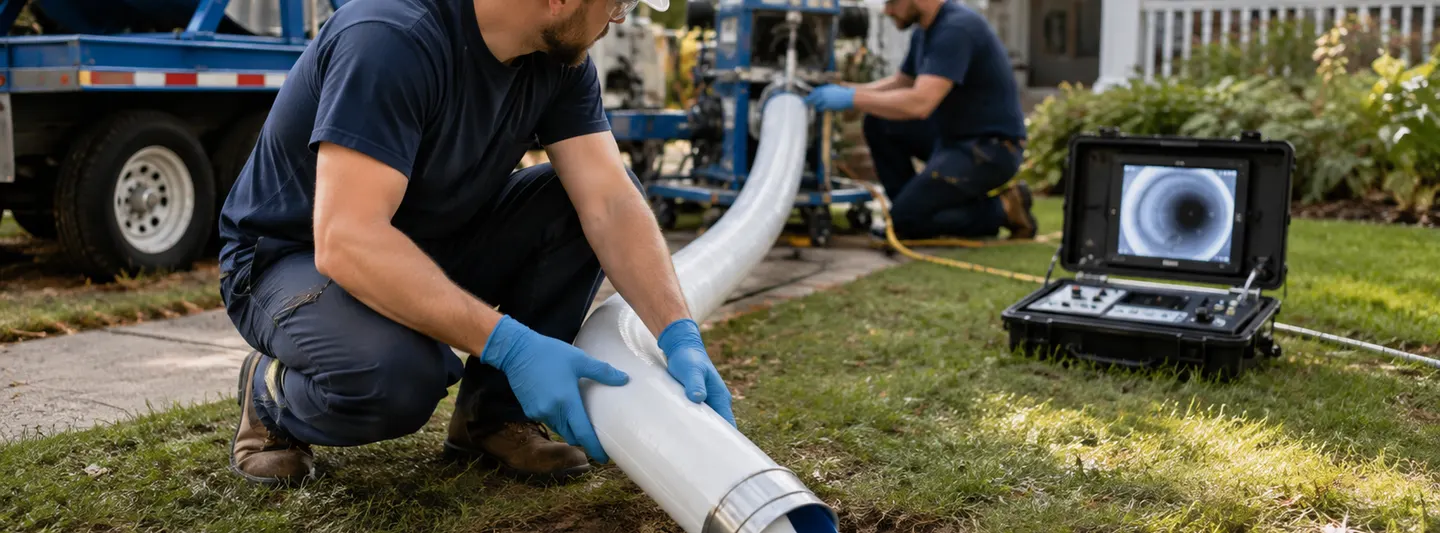 Pipe lining technicians feeding a flexible CIPP liner into a residential sewer access point