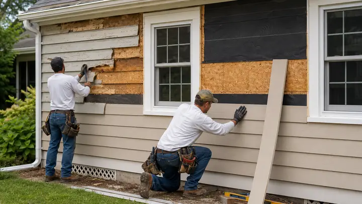 Two contractors removing old siding and installing new horizontal siding on a residential house