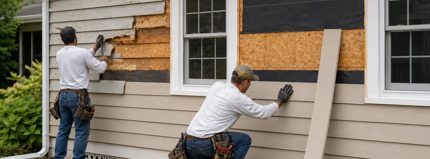 Two contractors removing old siding and installing new horizontal siding on a residential house
