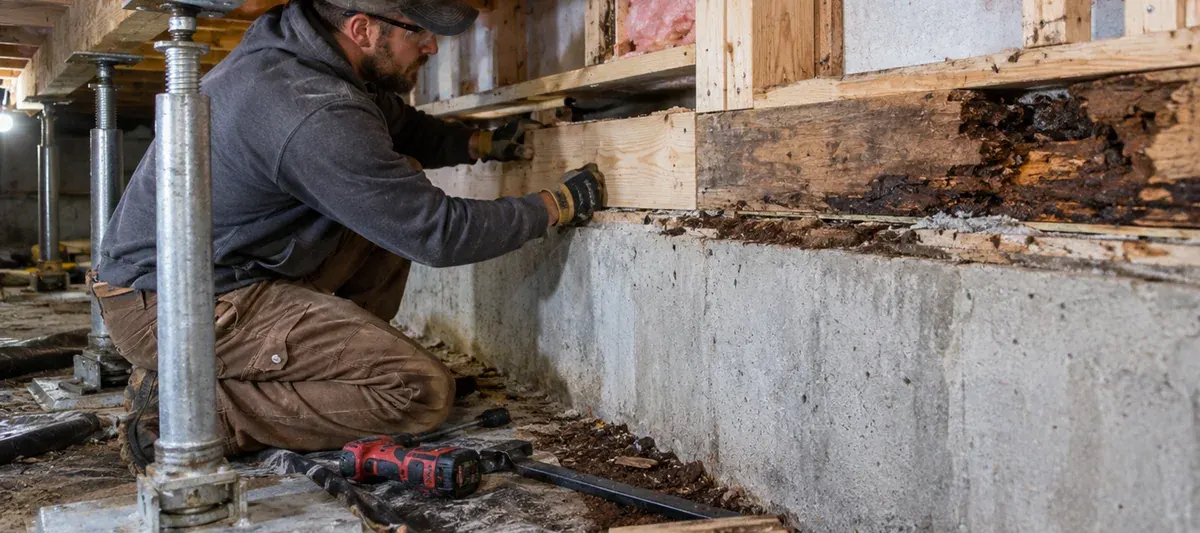 Contractor replacing a damaged wood sill plate along a residential basement foundation wall