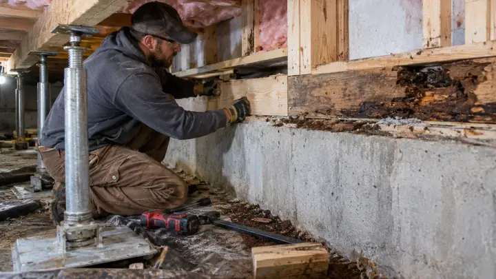 Contractor replacing a damaged wood sill plate along a residential basement foundation wall