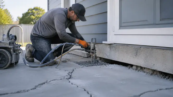 Contractor repairing settlement and cracks in a residential concrete slab foundation