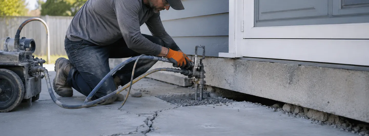 Contractor repairing settlement and cracks in a residential concrete slab foundation