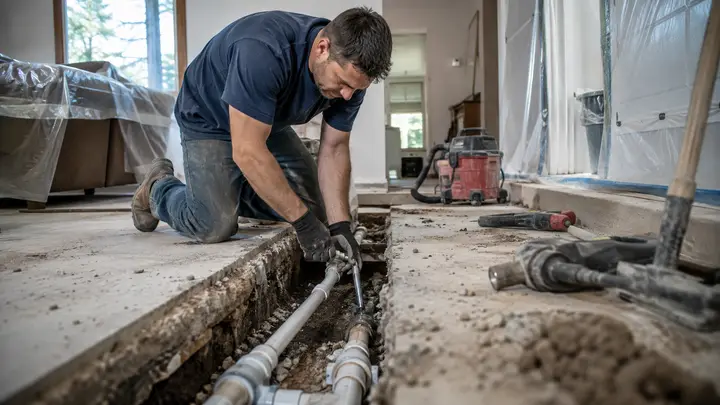 Plumber repairing a leaking water pipe beneath an opened residential concrete slab floor