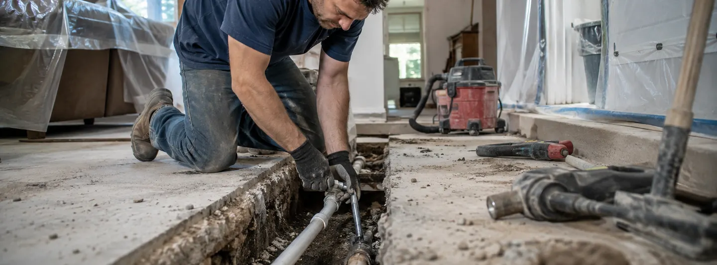 Plumber repairing a leaking water pipe beneath an opened residential concrete slab floor