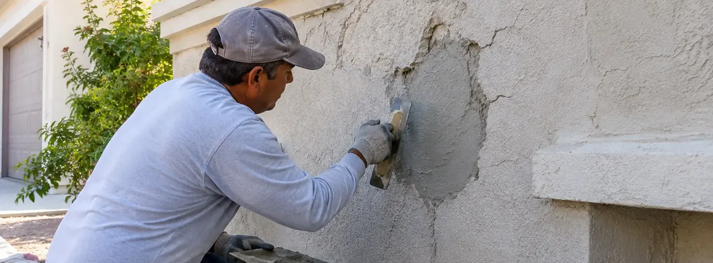 Contractor repairing cracked stucco on the exterior wall of a residential home
