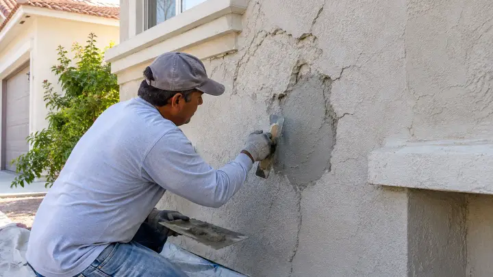 Contractor repairing cracked stucco on the exterior wall of a residential home