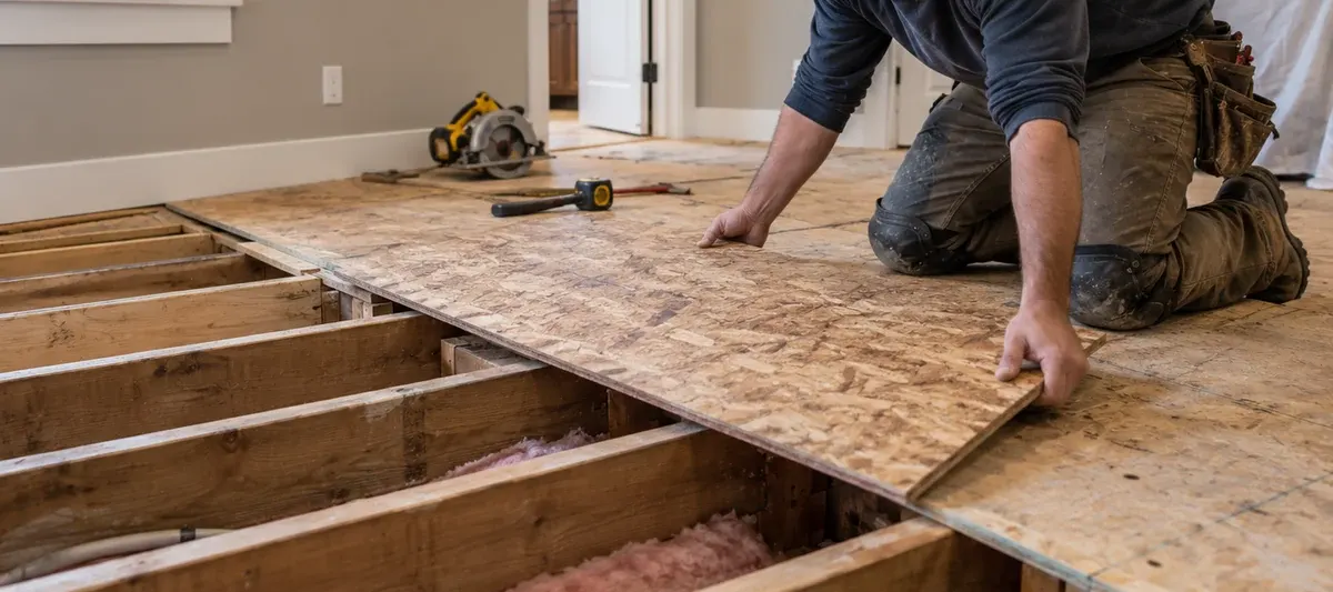 Contractor installing new structural subfloor panels over exposed floor joists during a home renovation