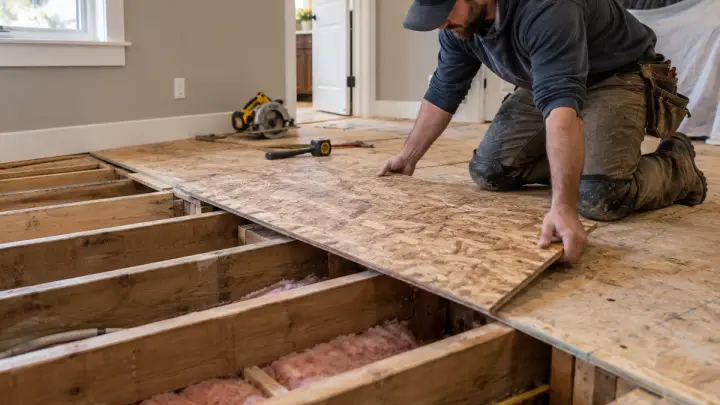 Contractor installing new structural subfloor panels over exposed floor joists during a home renovation