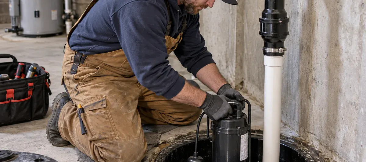 Plumber installing a submersible sump pump in a residential basement sump basin
