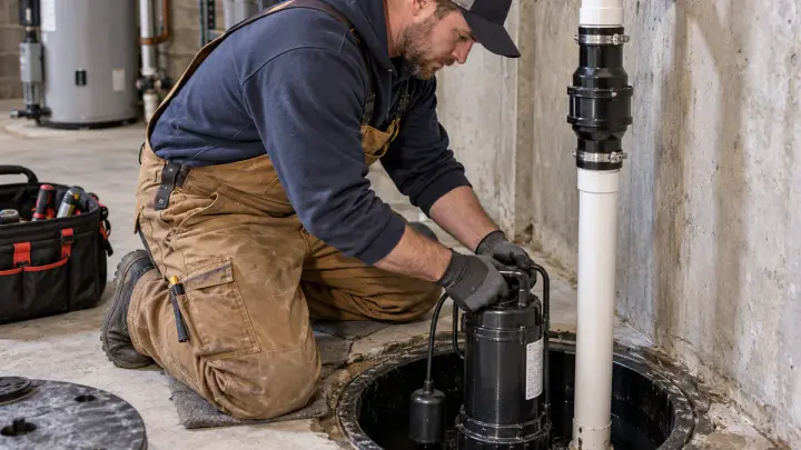 Plumber installing a submersible sump pump in a residential basement sump basin