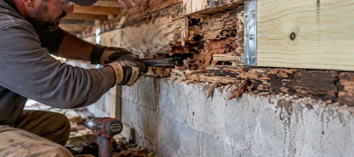 Contractor repairing severely damaged wood framing and sill material above a residential foundation wall