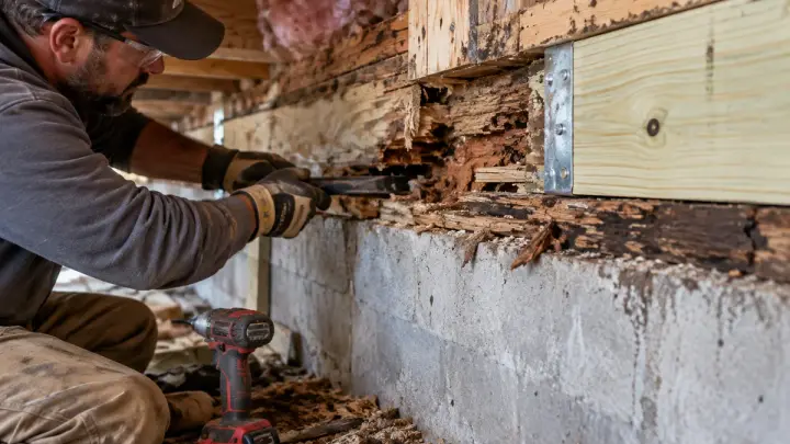 Contractor repairing severely damaged wood framing and sill material above a residential foundation wall