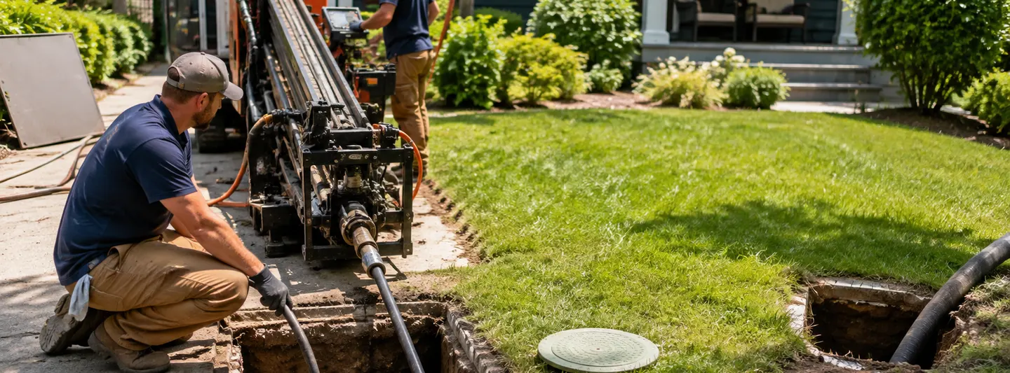 Technicians performing trenchless sewer line replacement through small access pits in a residential yard