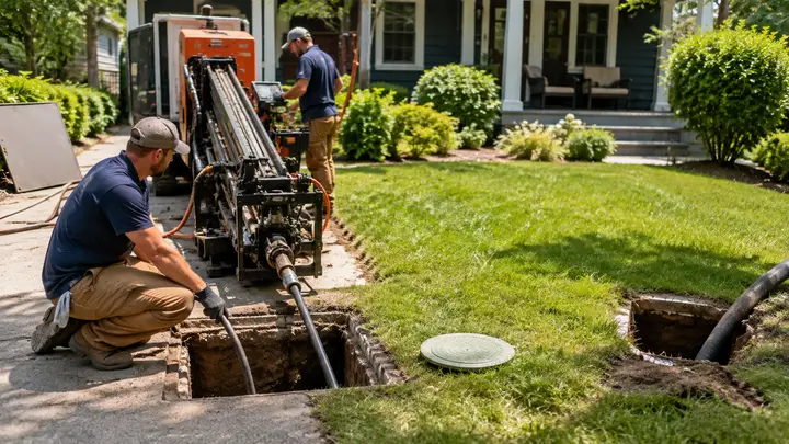 Technicians performing trenchless sewer line replacement through small access pits in a residential yard