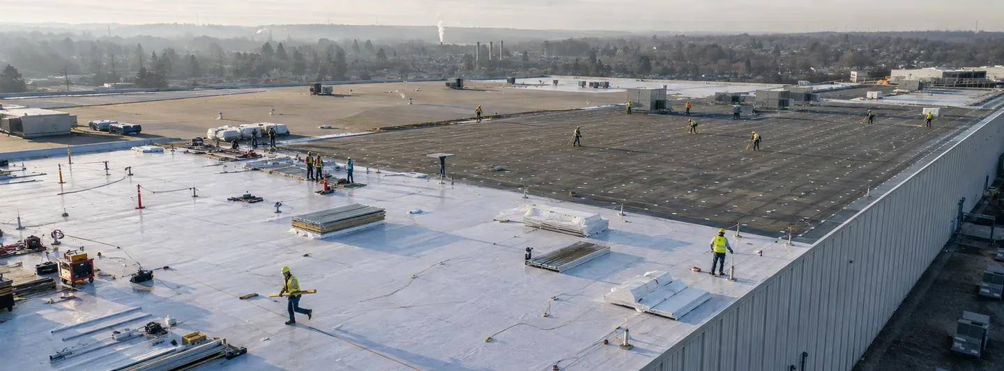 Roofing crews replacing the large low-slope roof of an industrial warehouse
