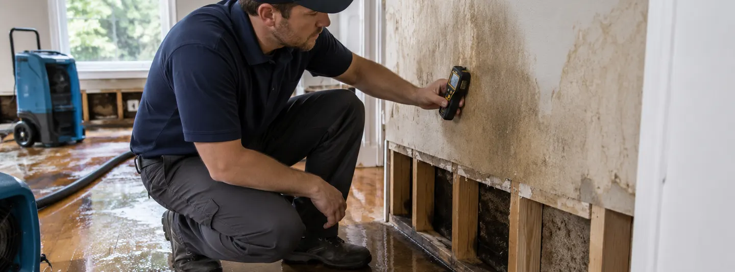 Restoration professional measuring moisture in a water-damaged wall and floor inside a home