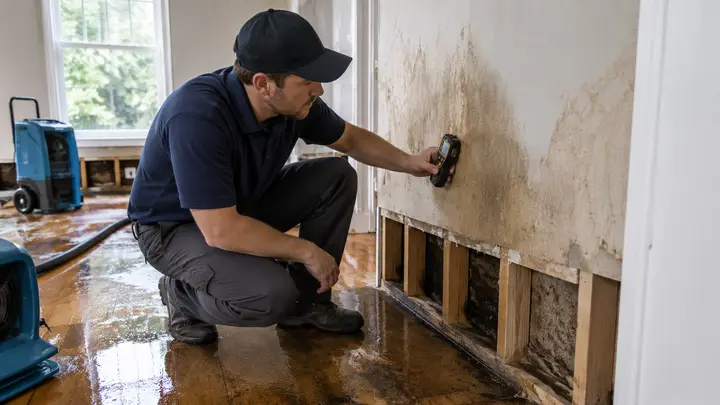 Restoration professional measuring moisture in a water-damaged wall and floor inside a home