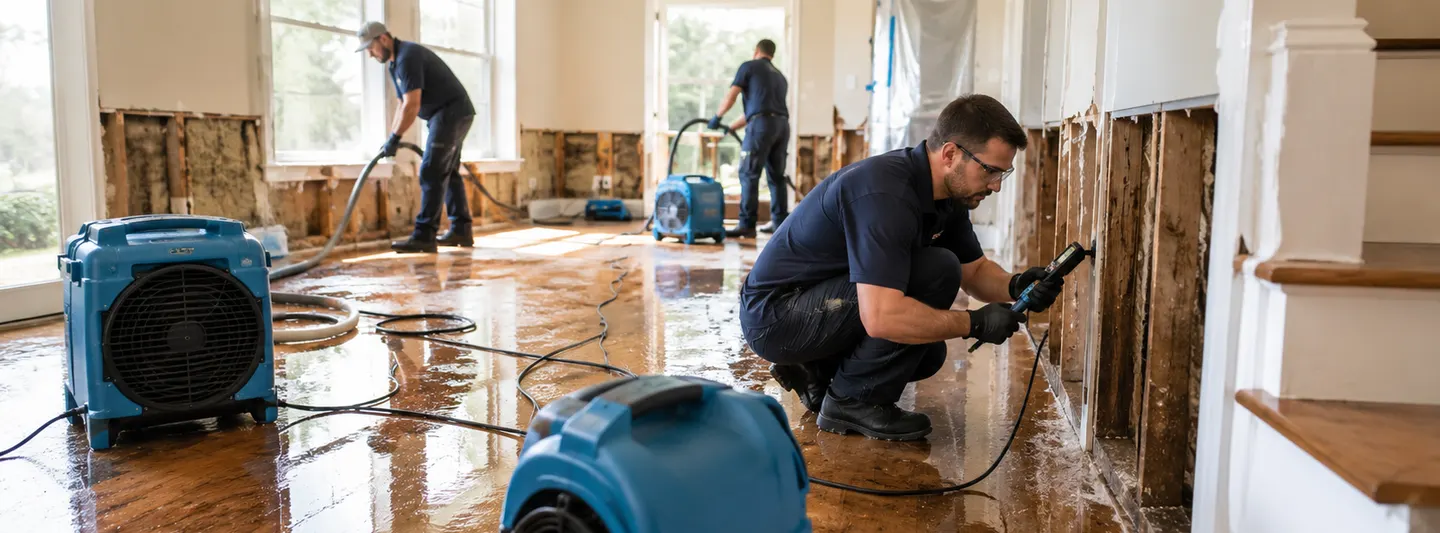 Water damage restoration crew drying a flooded home with air movers and moisture meters