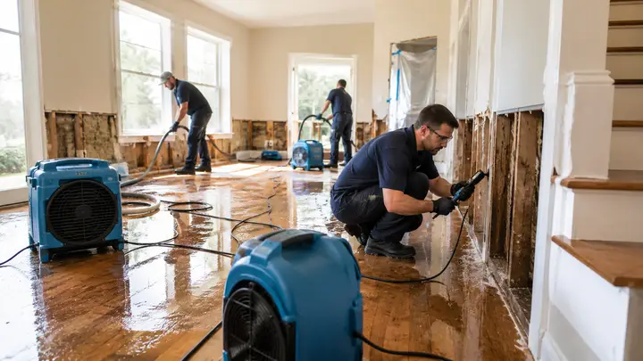 Water damage restoration crew drying a flooded home with air movers and moisture meters