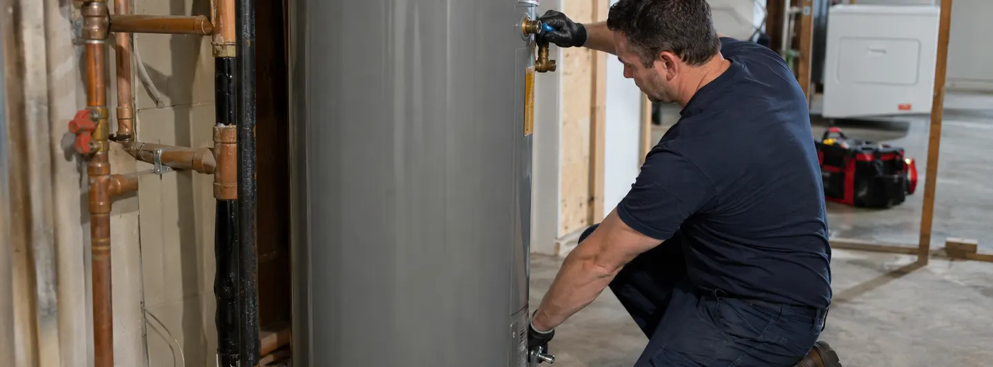 Plumber installing a replacement tank water heater in a residential basement mechanical room