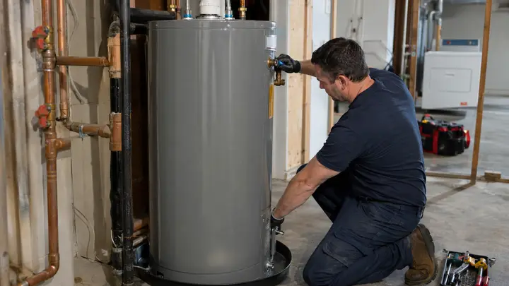 Plumber installing a replacement tank water heater in a residential basement mechanical room