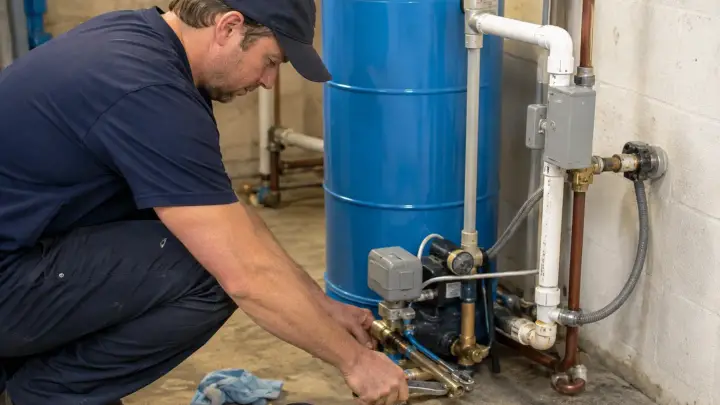 Technician servicing residential well pump and pressure equipment inside a utility space