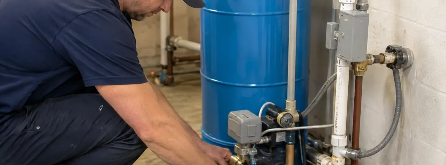 Technician servicing residential well pump and pressure equipment inside a utility space