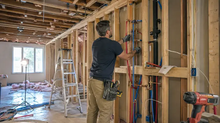 Plumber installing new PEX supply lines through opened walls during a whole-house repipe