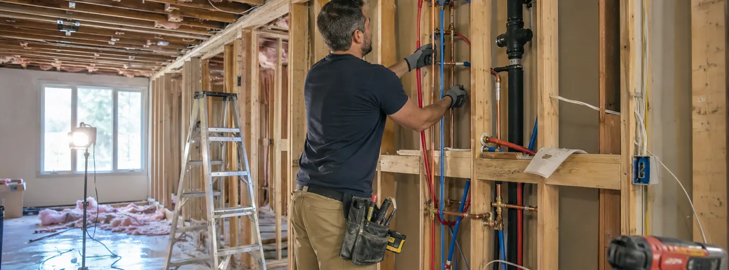 Plumber installing new PEX supply lines through opened walls during a whole-house repipe
