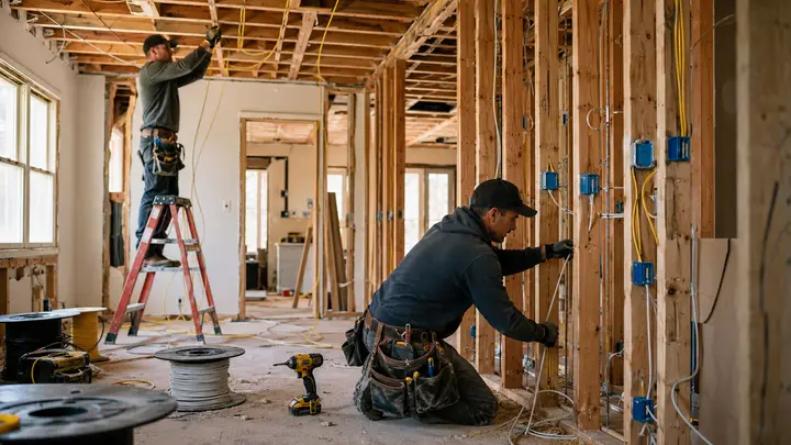 Electricians installing new wiring through exposed framing during a whole-house rewiring project