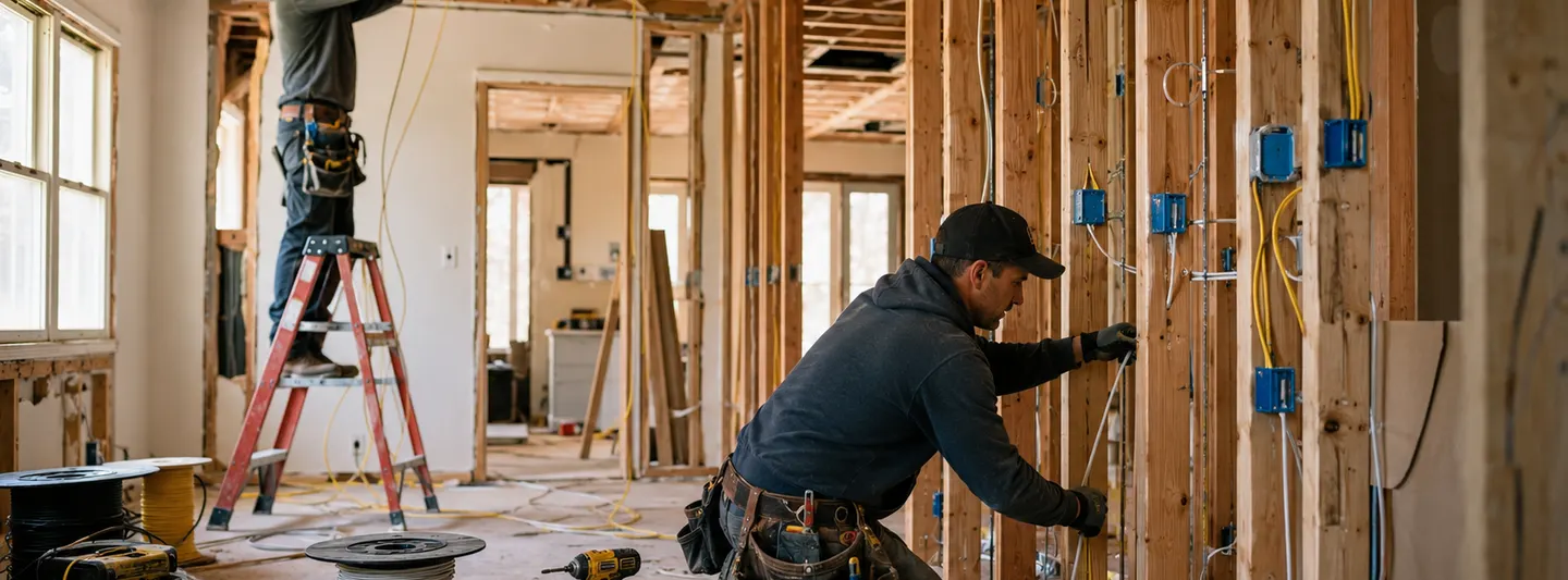 Electricians installing new wiring through exposed framing during a whole-house rewiring project