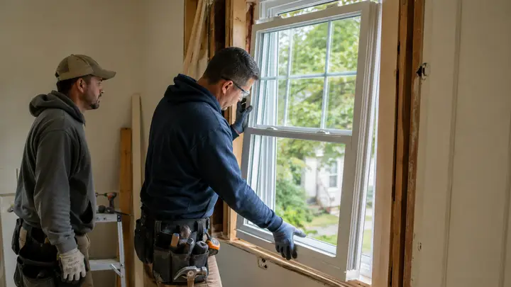 Two contractors installing a full-frame replacement window in an opened residential wall