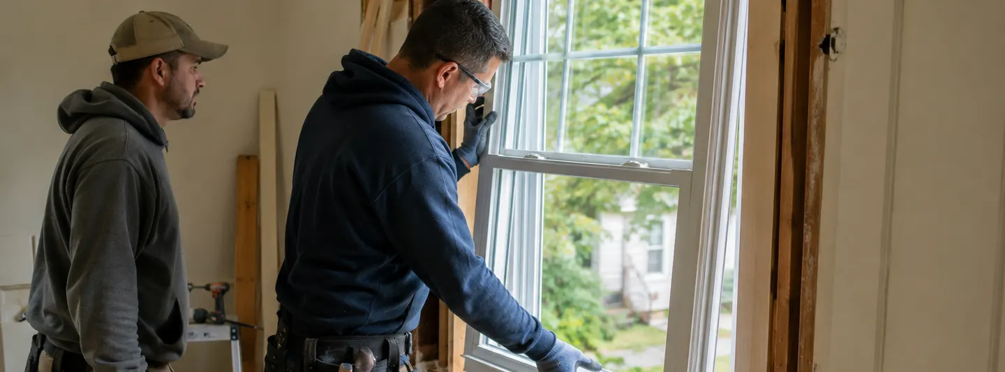 Two contractors installing a full-frame replacement window in an opened residential wall
